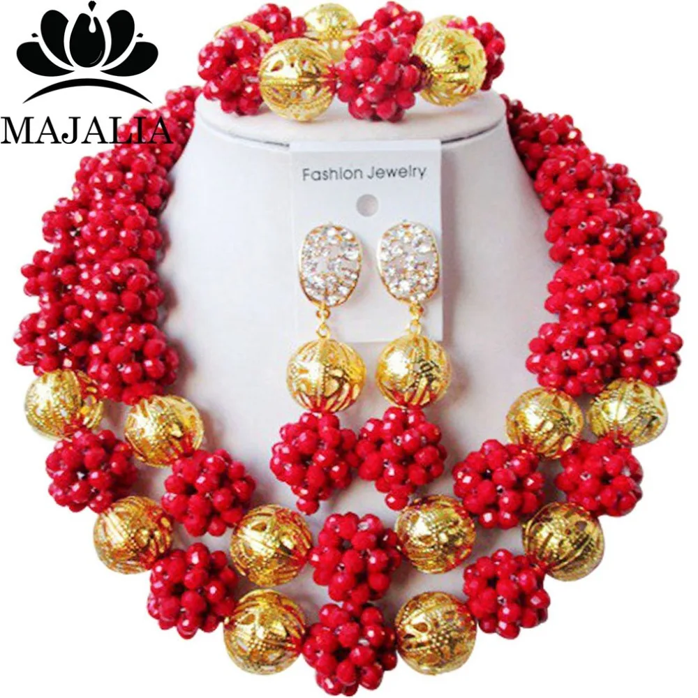 2017 Fashion Nigeria Wedding african beads jewelry set red Crystal