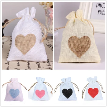 

KATE FAVORS Jute Hessian Bags Wedding Favor Small Jute Gift Bag 9Cmx14Cm White Natural Heart 12 Of Set