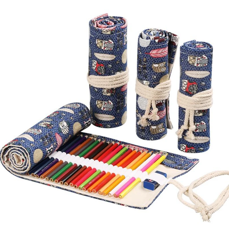 

Animal Roll Pencil Case Kawaii Owl Pencil Bag Canvas Pen Box Stationery School Supplies Student Art Painting Storage Bag