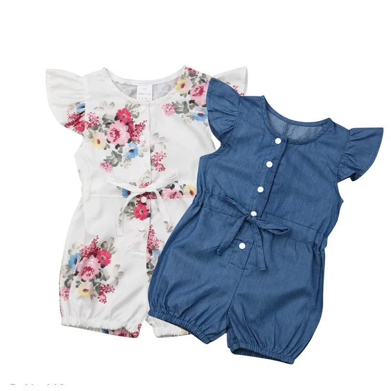 

Baby Girl Kid Fly Sleeve Jumpsuit Flower Denim Ruffle Romper Outfit Summer