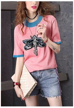 

Spring and Summer Knitted Brilliant Silk T-shirt Women Europe Station 2019 New Fashion Baitao Sequins Nail Bead Short Sleeve T-s