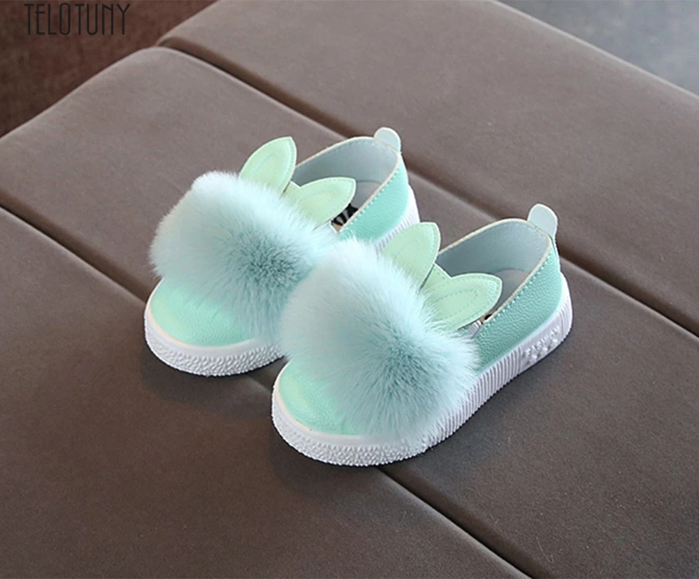 Leather Ankle Warm Shoes Girls Pearl Sequins Bunny Ear Plush Sneaker Boots for 0-6 Years Old