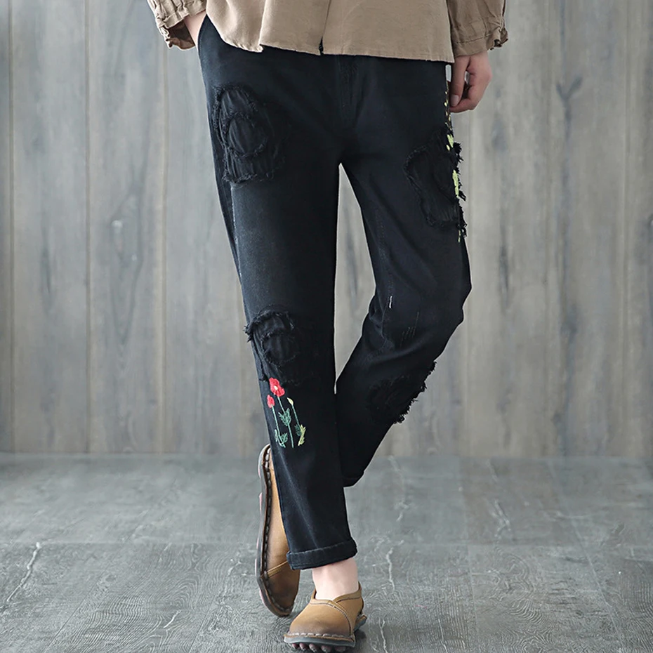 Для женщин шаровары джинсы джинсовые штаны брюки свободные длинные вышивка большая мода Повседневное Винтаж FM919574