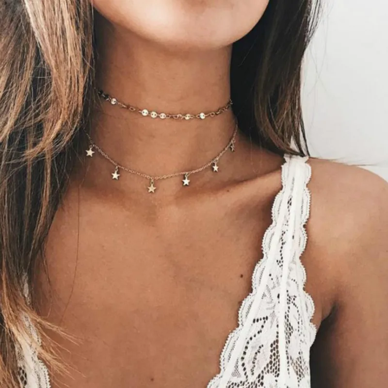 

2017 Multi Women star Gold Chain coin Choker Necklace chocker Jewelry collana Bijoux Femme Joyas mujer Collier ras du cou