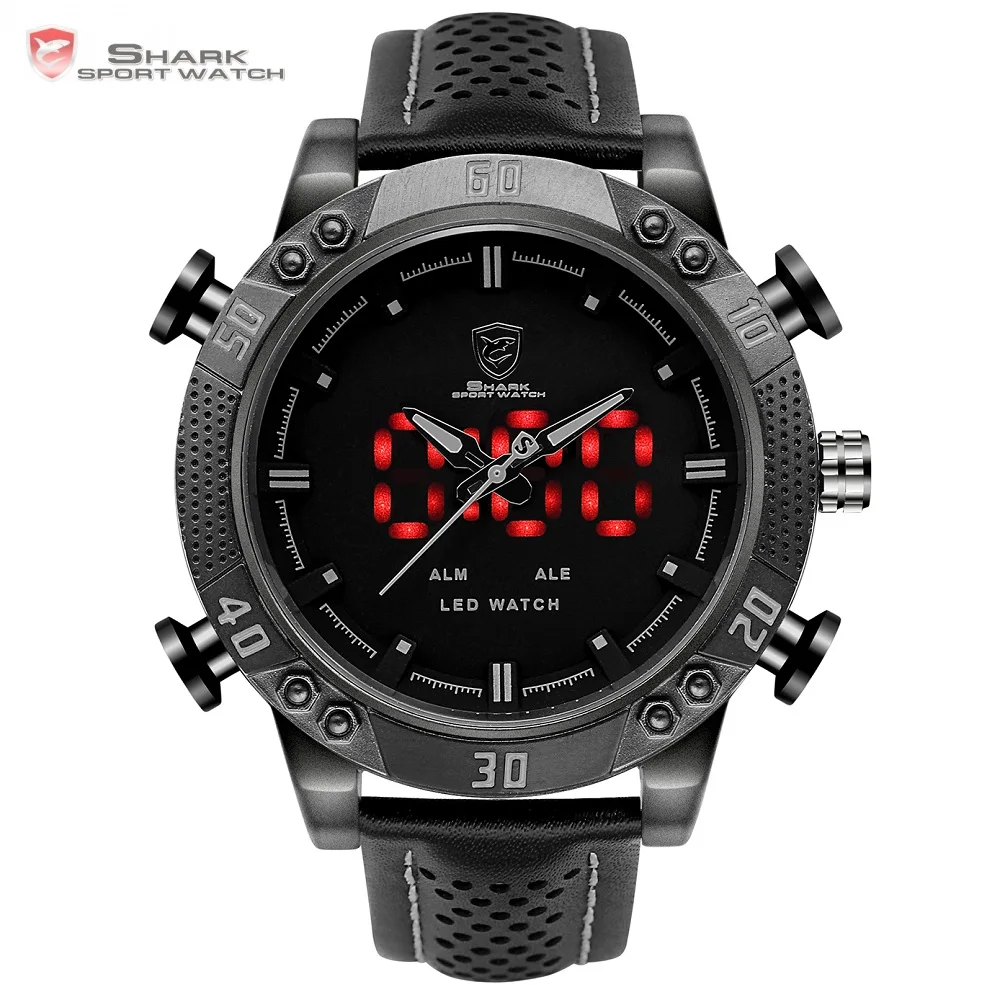 

Kitefin Shark Sport Watch Black Dual Time Zone LED Display Quartz Analog Digital Alarm Leather Waterproof Mens Wristwatch /SH262