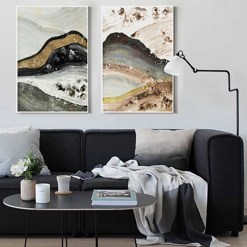 

Chinese Style Ink Abstract Gold Quicksand Mountain Landscape Canvas Painting Living Room Poster Wall Picture Scandinavian Decor