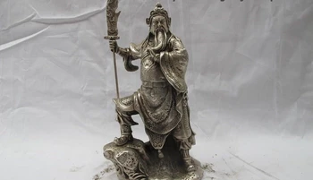 

Chinese Folk Silver Dragon Guan Gong Fengshui wealth God Warrior Buddha Statue