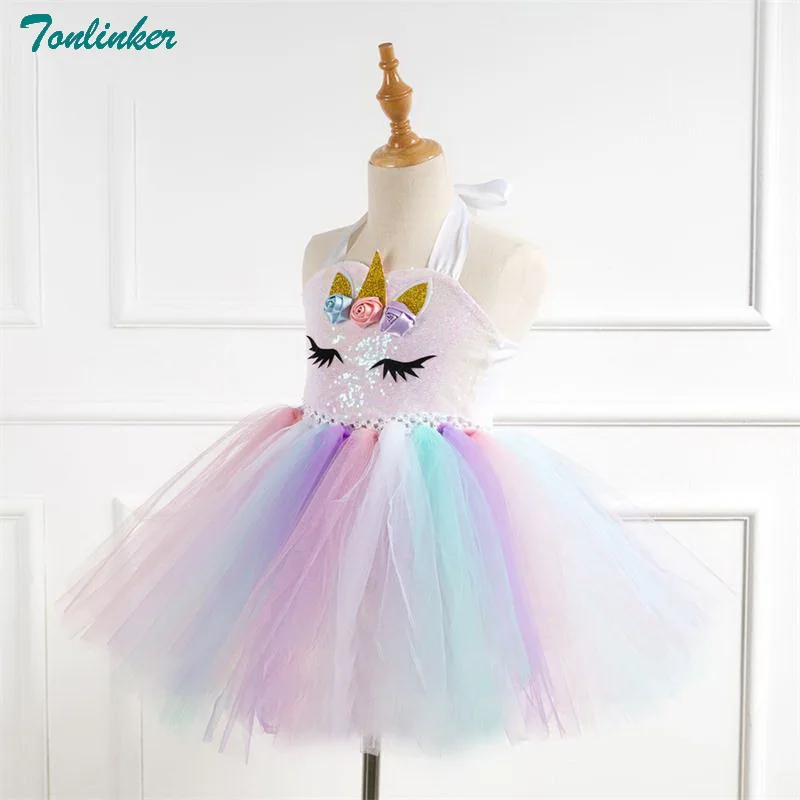 Girls Unicorn Pony Costume With Headband Tutu Dress Flower Sequin Princess Girls Party Dress Children Kids Unicorn Costumes New 