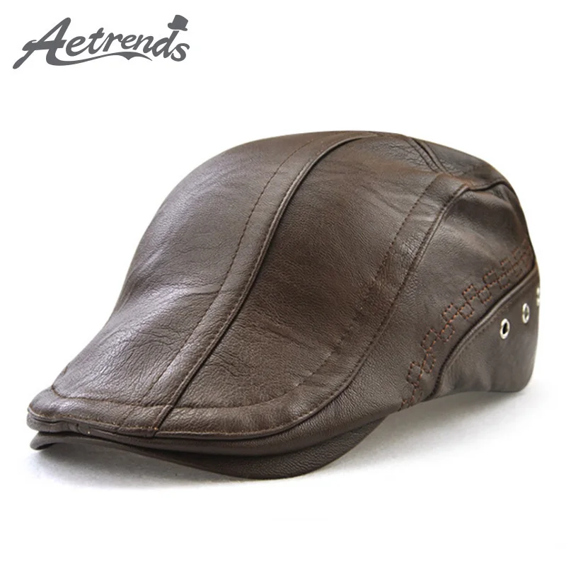 

[AETRENDS] Winter Men's Hat PU Leather Newsboy Cap Gatsby Ivy Classic Flat Golf Hunting Driving Hats Z-6027