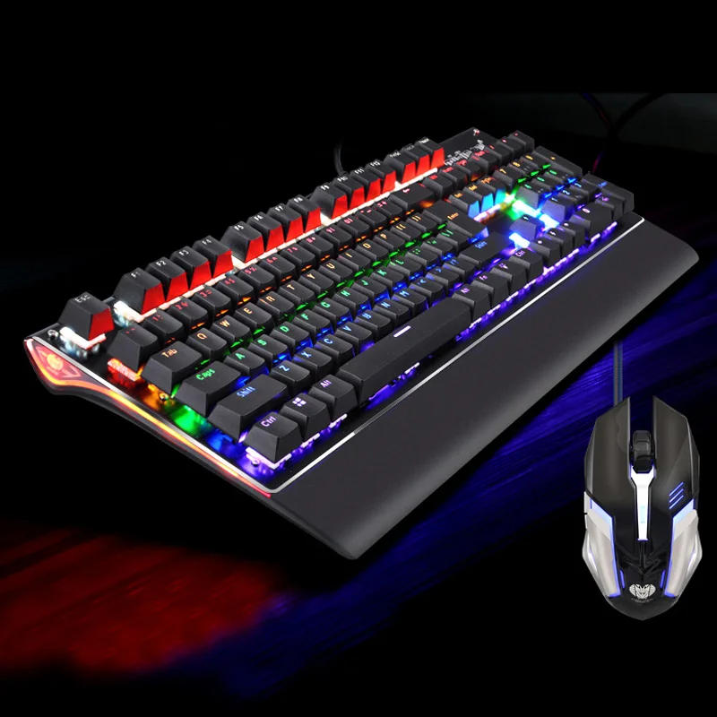 

Portable Wired 104 Keys Blue Switch Gaming Wired Mechanical Keyboard with Mouse and Wrist Support LED Backlit for Gamer Computer