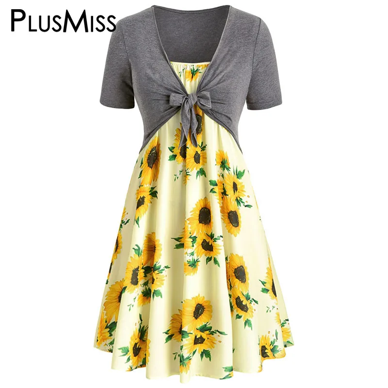 

PlusMiss Plus Size 5XL Sleeveless Sunflower Floral Printed Dress With Front Knot Top XXXXL XXXL Summer Spaghetti Strap Sundress