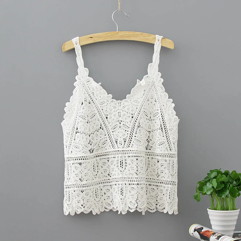 

2019 Women Summer Short Vest Sexy Hollow Out V Neck Plain White Lace Sleeveless Crochet Bra Tank Tops Shirt #YL5