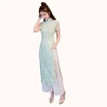 

New Vietnam Aodai Lace Sexy Cheongsam Vintage Long Chinese Women Dress Lady Slim Mandarin Collar Elegant Qipao
