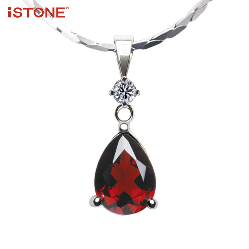 

iSTONE 100% Natural Gemstone Red Garnet Water Drop 925 Sterling Silver Pendant Necklace Fine Jewelry Gift For Girl Valentine