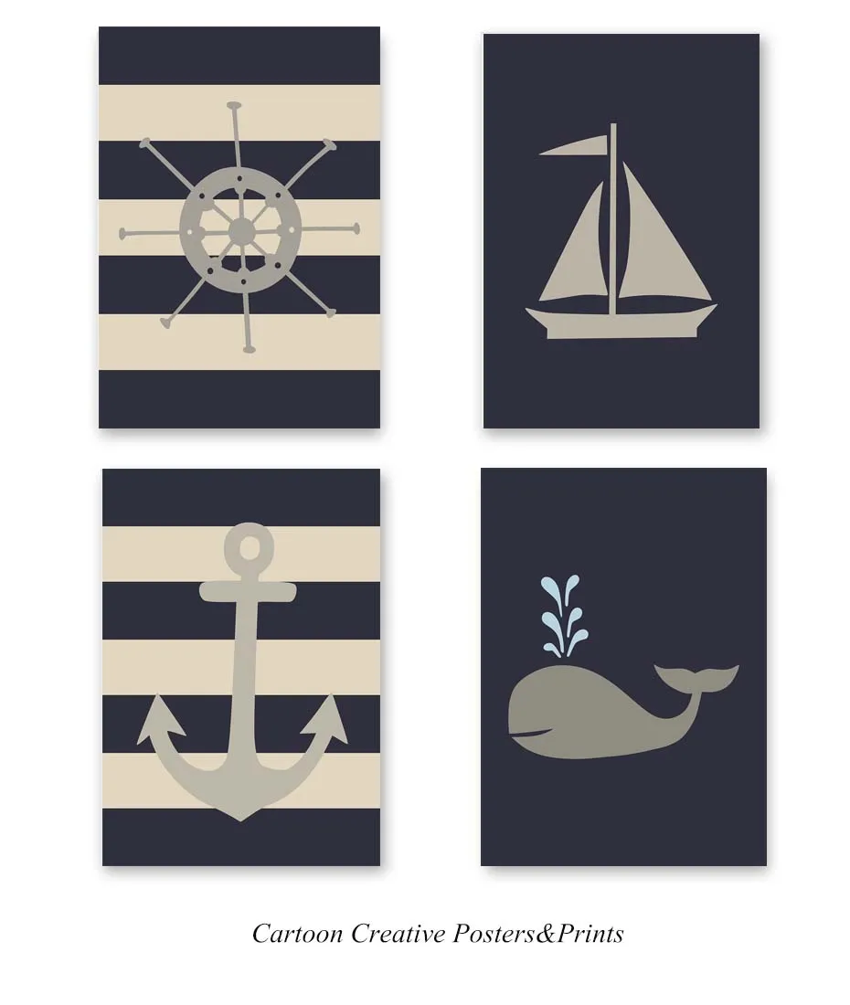 Navy&Gray Nautical Theme Wall Art Cartoon Sailboat Animal Canvas Painting Nursery Posters Christmas Gift For Kids Bedroom Decor  (2)