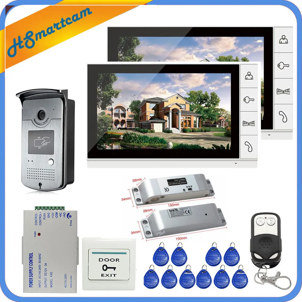 

9inch TFT 2 LCD Screen Color video intercom doorbell system + Electric Lock+Alunimum ID Keyfobs Camera + Power Supply+ Door Exit