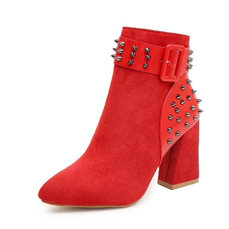 

2019 autumn and winter solid color wild side zipper high heel booties pointed sexy rivet women's boots red 0228