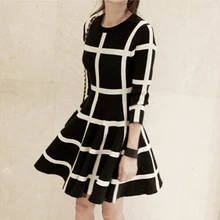 New 2017 Autumn Dress Fashion Women Knited Cotton Dress Long Sleeve Plaid Dresses Women Winter Clothing