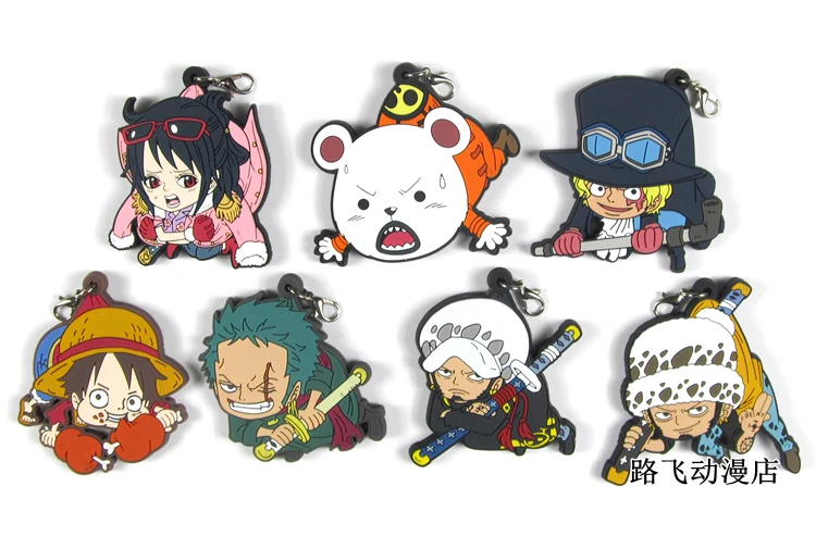 

New Arrival One Piece Luffy Ace Nami Sabo Boa Hancock Zoro Chopper Trafalgar Law Japanese Anime rubber keychain strap D165