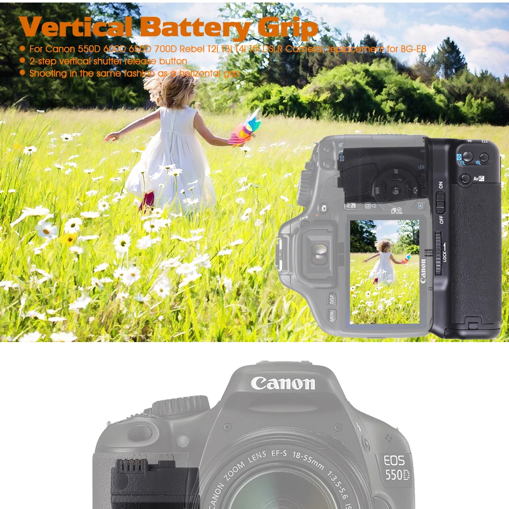 Вертикальный батарейный блок spash для камеры Canon T5i T4i T3i T2i 700D 650D 600D 550D, сменный BG-E8 держатель для батареи, работает с LP-E8