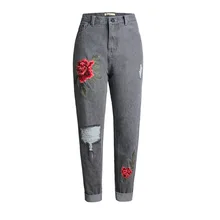 Джинсы серые Для женщин Высокая Талия Бойфренд Джинсы бойфренда Проблемные цветочные Вышитые Жан Юниоры отверстие колена мешковатые рваные BF джинсы бойфренды большой размер