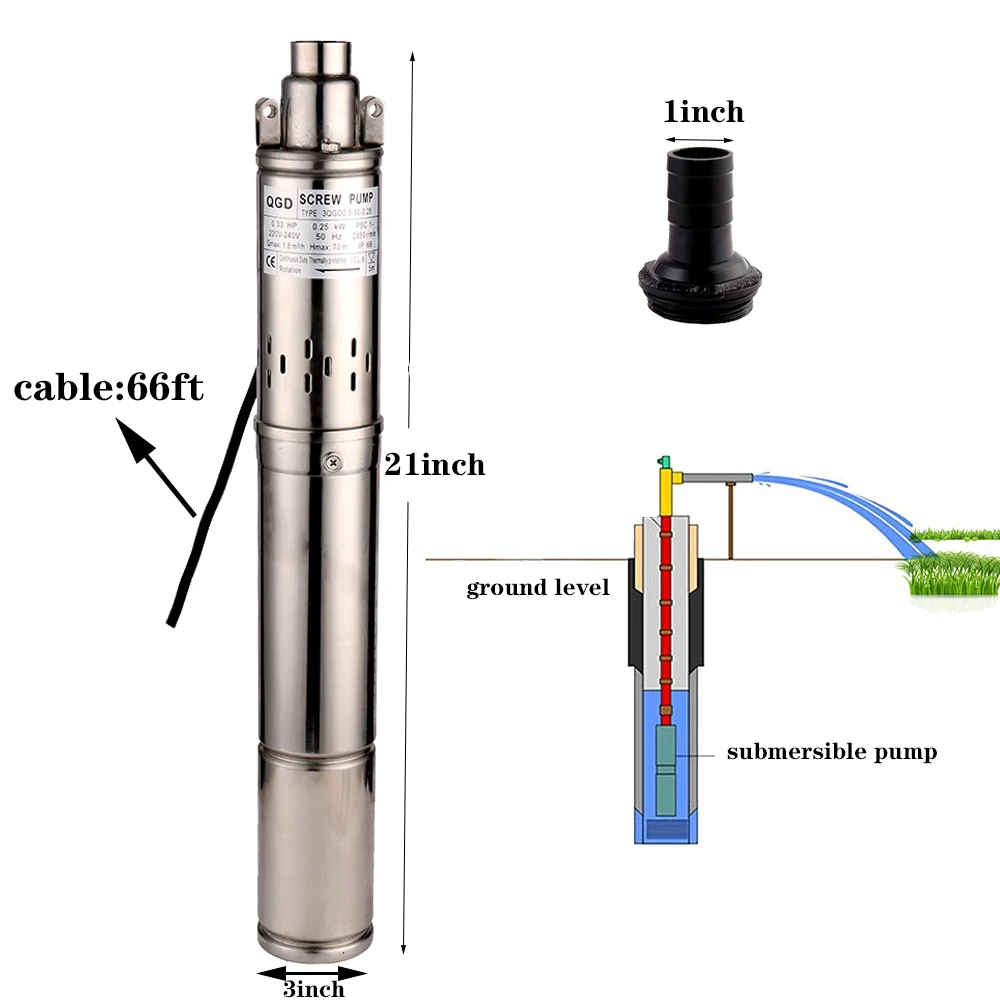 

SHYLIYU 1" Outlet Stainless Steel Screw Water Pump 3" OD Pipe 0.33Hp Submersible Deep Well Pump 20m Cable Centrifugal Bore Pump