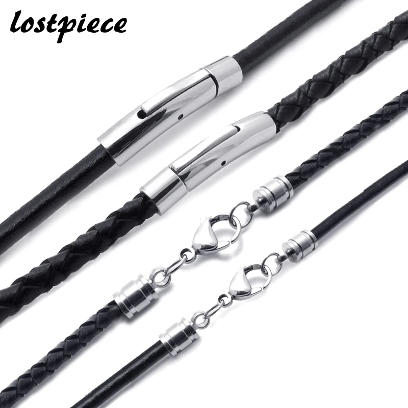 Lostpiece Black Genuine Leather Necklace for Men Jewelry Stainless