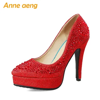 

women pumps high heel bling platform wedding shoes crystal sequined cloth sweet bridal shoes red silver gold women shoes