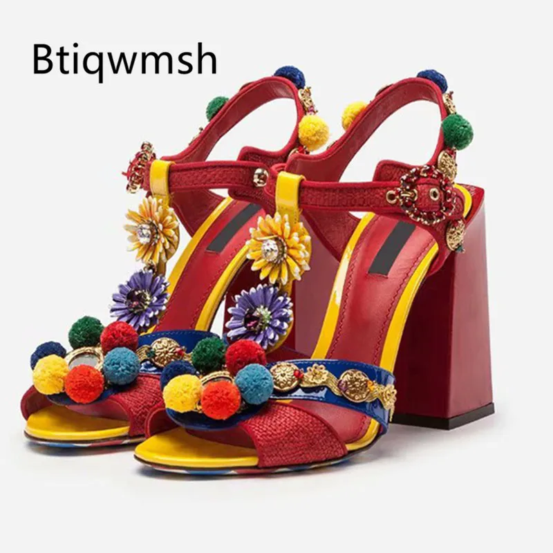 

2019 Bohemia Gladiator Sandals Women Peep Toe Mixed Color Rhinestone Flower Bom Bom High Heel Shoes Woman Wedding Shoes