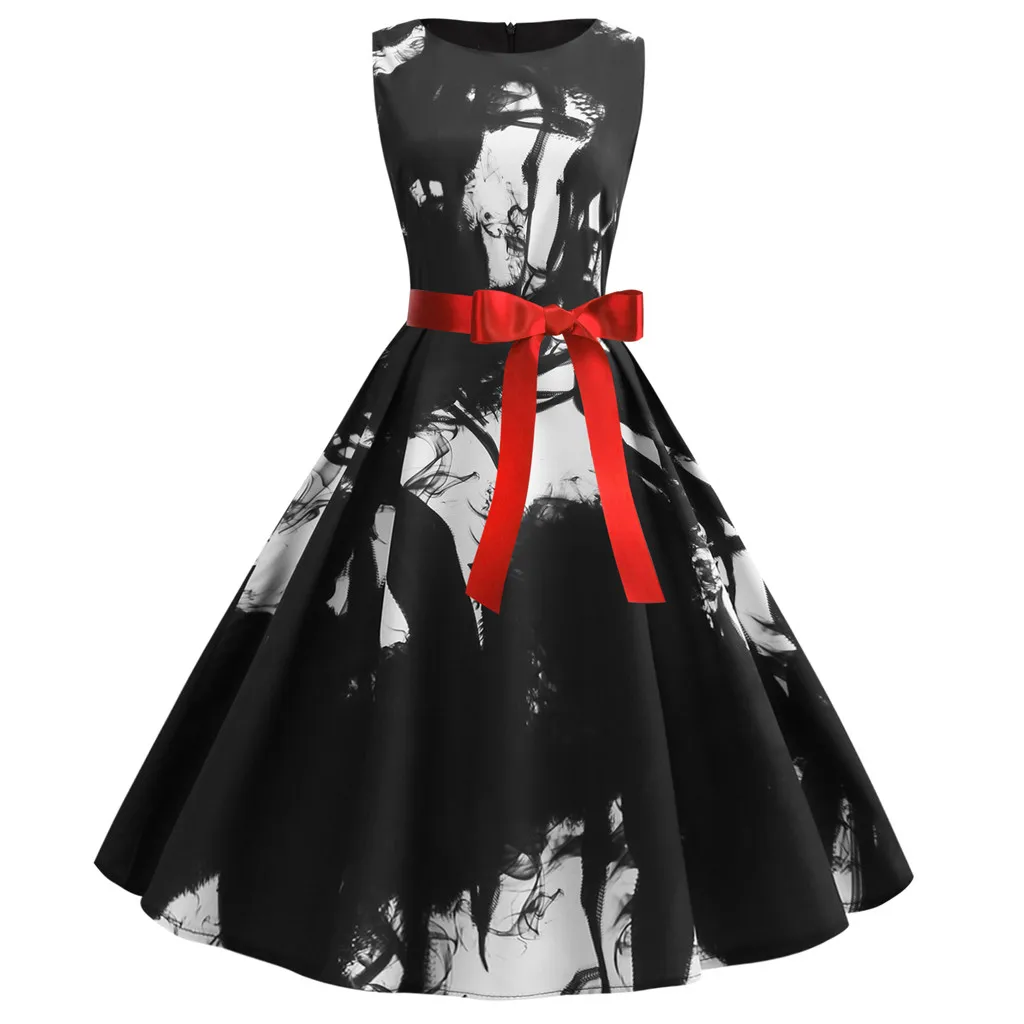 

Prom Print summer clothes for women Evening Party Swing Bow casual dress summer woman Belted women's dresses sukienka vestido#G8