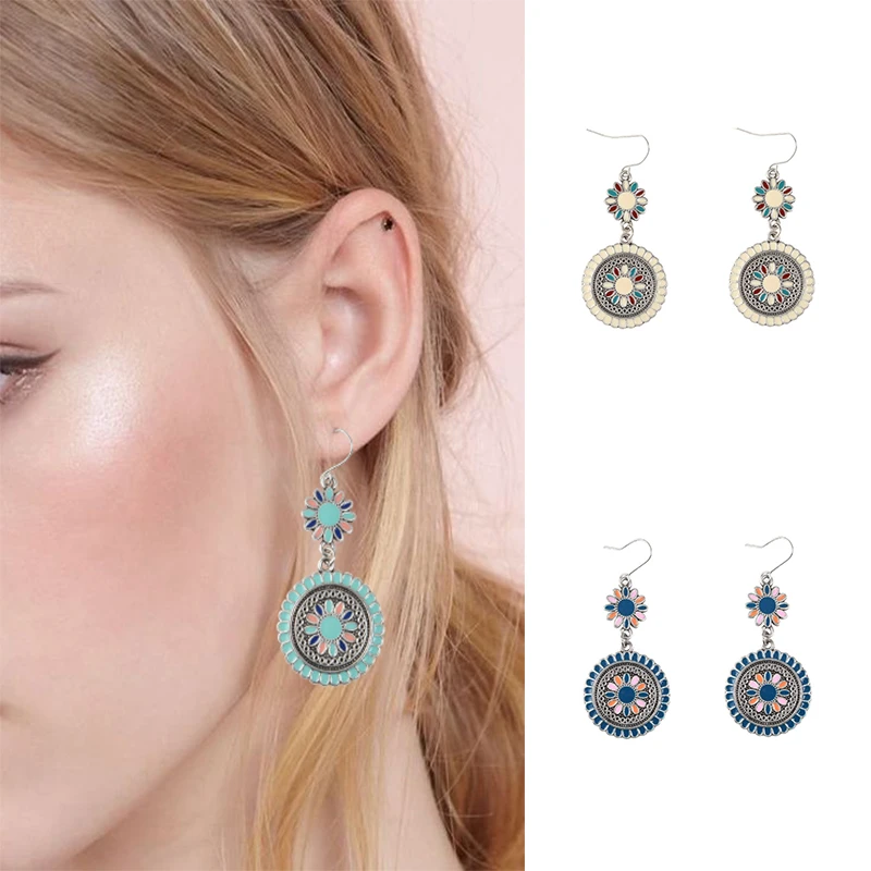 

Bohemian ethnic enamel Earring Vintage Colorful flower hang Anniversary Party dangle drop Earring Boho Jewelry Women accessories