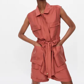 

Fashion Women Casual Lace Up Belt Loose 2 Piece Set Solid Pockets Sleeveless 2 Piece Outfits