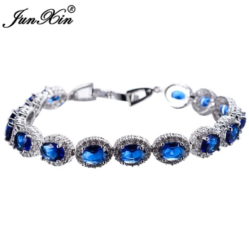 

JUNXIN Top Quality Blue AAA Round Zircon Bracelet Women White Gold Filled 17.5cm Wedding Bracelets Jewelry BR0006