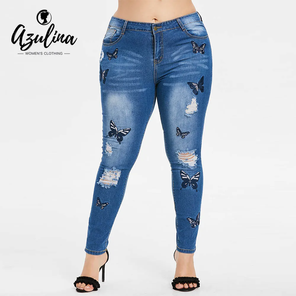 Rosegal Plus Size Butterfly Distressed Embroidered Jeans Women Pant Skinny High Waist Pencil Pants Denim Jean Ladies Trousers