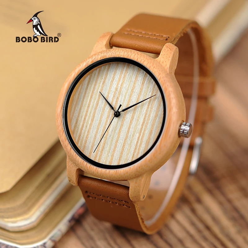 

BOBO BIRD V-A19/A21 Mens Womens Bamboo Watch Wood Dial Quartz Wristwatch with Leather Strap Relogio Masculino