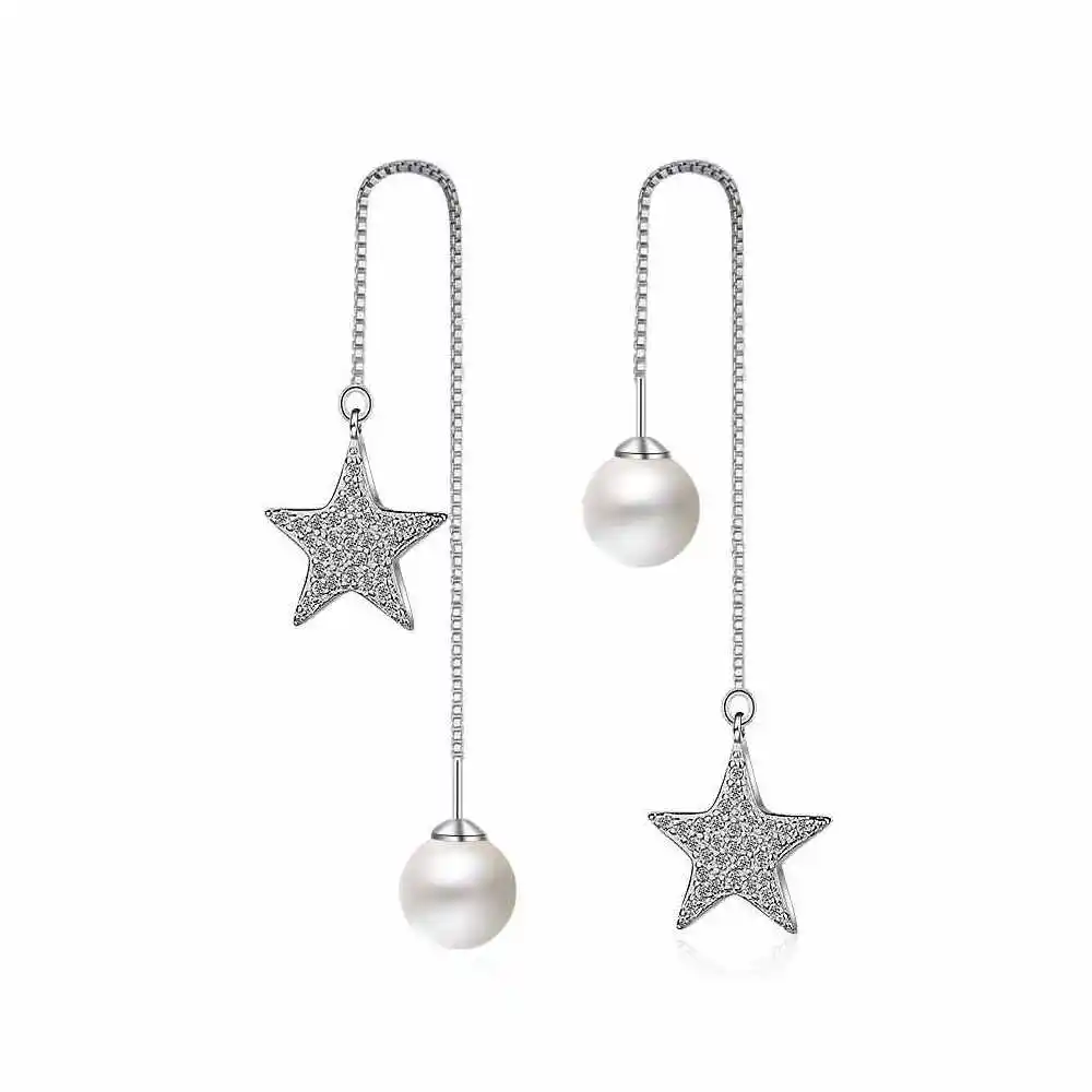 

925 Sterling Silver Long Chain Earrings For Women Punk AAA Cubic Zirconia Drop Star Pearl Earrings Fashion Jewelry Gifts