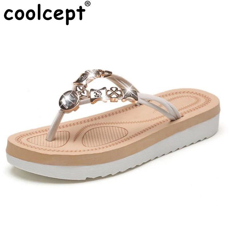 

Coolcept Sexy Women Bohemia Flats Sandals Beading Metal Flats Flip Flops Summer Vacation Beach Shoes Women Footwear Size 35-40