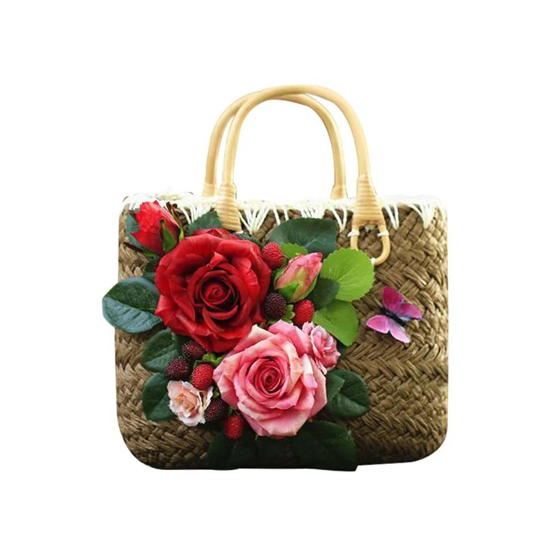 New 2017 Designer High Quality Fashion Flower Straw Beach Bag ladies Rattan Woven Tote Handbag