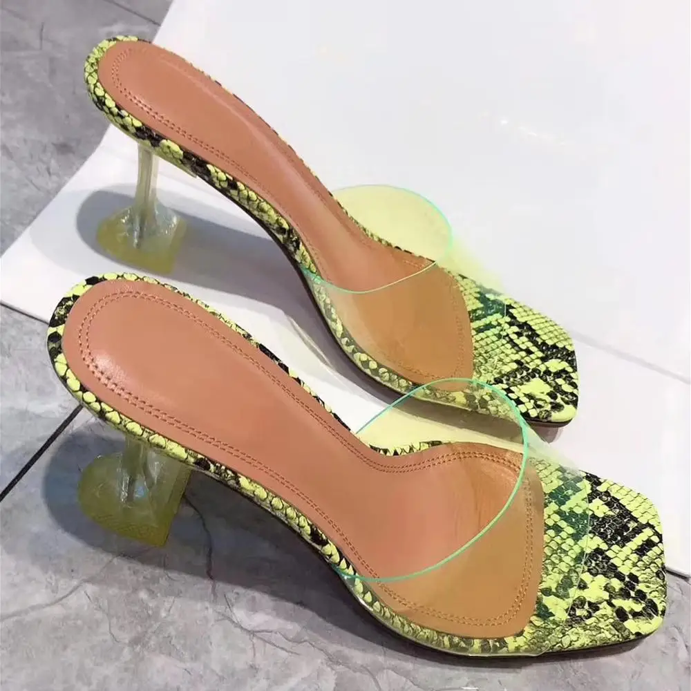 

Fluorescent Green Pink PVC Transparent Mules Strange Style High Heel Open Toe Summer Sandals Shoes Women