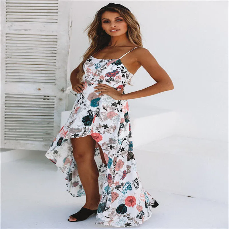 

Boho Floral print backless Summer Beach polyester Dresses one pieces Trendy Women dress sleeveless strap square collar