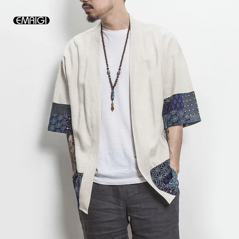 Prix Été Nouvelle Hommes De Mode Splice Casual Coton Lin Chemise À Manches Courtes Hommes Japon Cardigan Kimono Chemise Veste Taille M 5XL