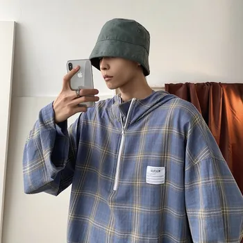 

2019 Autumn New Korean Version Of The Japanese Simple Lattice Loose Long-sleeved Hooded Wild Couple Casual Shirt