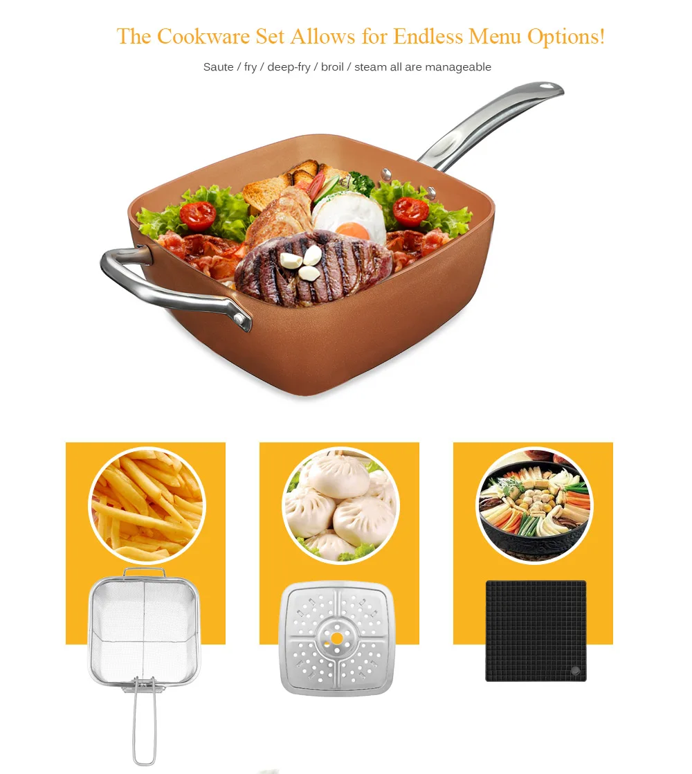 7pcs Square Nonstick Copper Pan Frying Basket Steamer Tray Pastry Brush