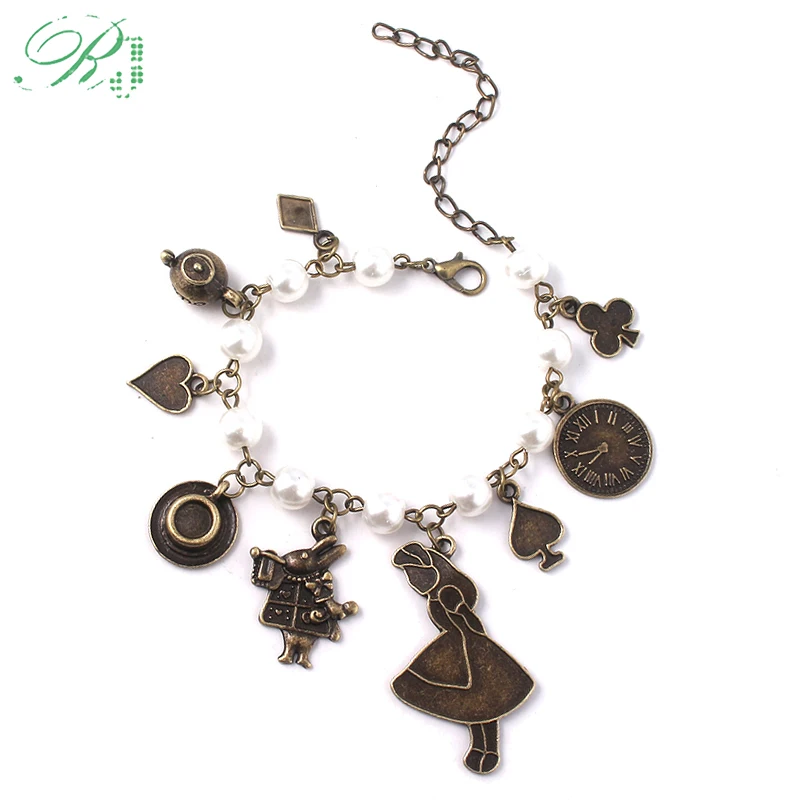 

RJ Wizard Of Oz Alice In Wonderland Bracelets Vintage Bronzed Mad Clown Hat Charms Bangles Women Girl Movie Bijoux Xmas Gift