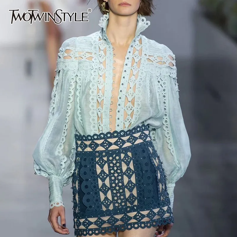 

TWOTWINSTYLE Sexy Beading Patchwork Women Blouse Stand Collar Lantern Sleeve Hollow Out Shirt Female Fashion Summer 2019 New