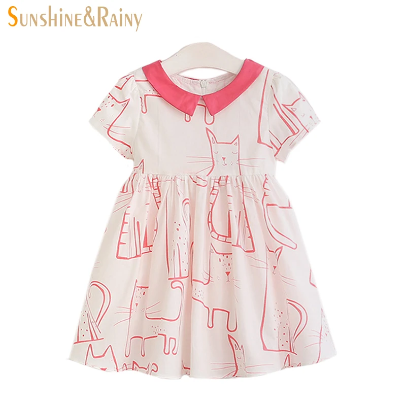

Summer Baby Girl Dress Cute Kitten Printed Girls Dresses Costume For Kids Cartoon Short-Sleeved Lace Dress Pink / Nave Blue