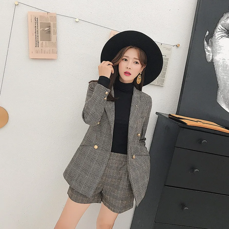 

2018 Spring Autumn New Women Fashion Suit Retro Lattice Small Suit Shorts Two Pieces Lattice Double-breasted Suit Colla