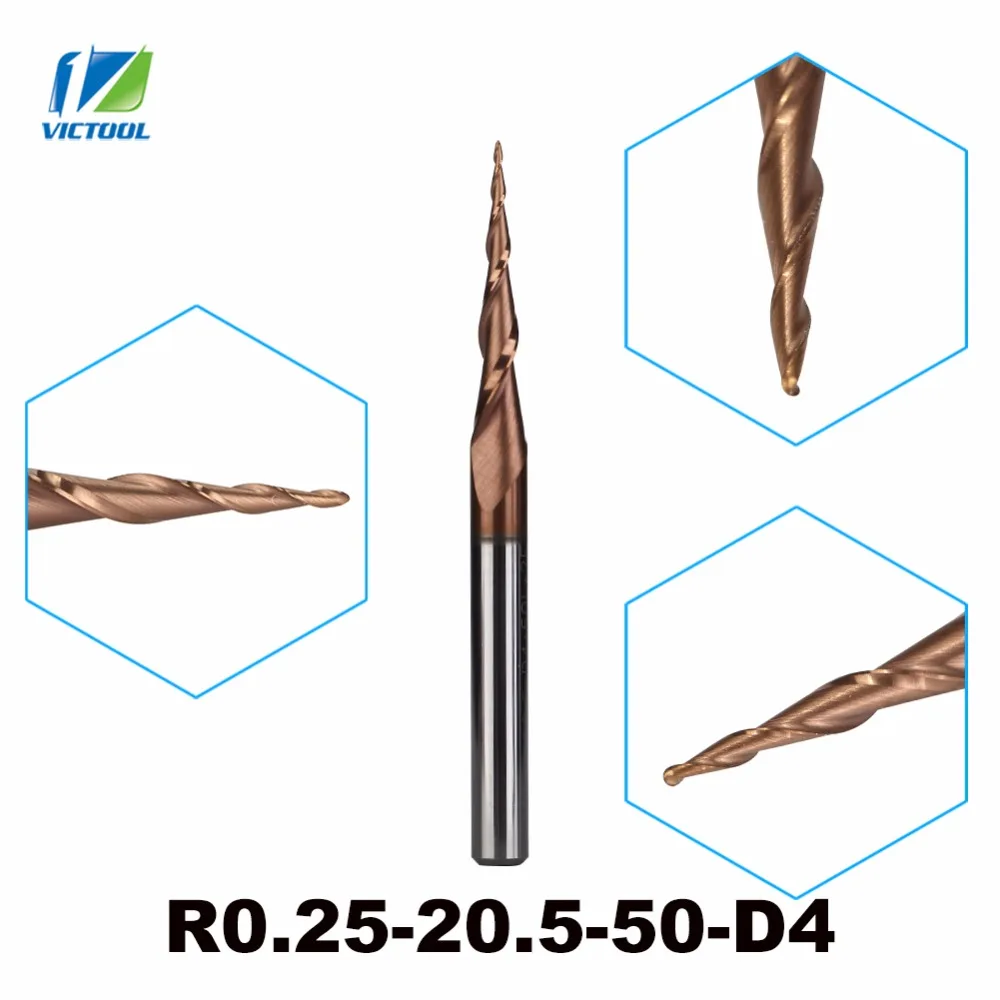 

3pcs/lot HRC62 R0.25mm Tungsten Carbide Coated Tapered Ball Nose End Mills H-SI Coated Taper and Cone End Mills R0.25*D4*20.5*50