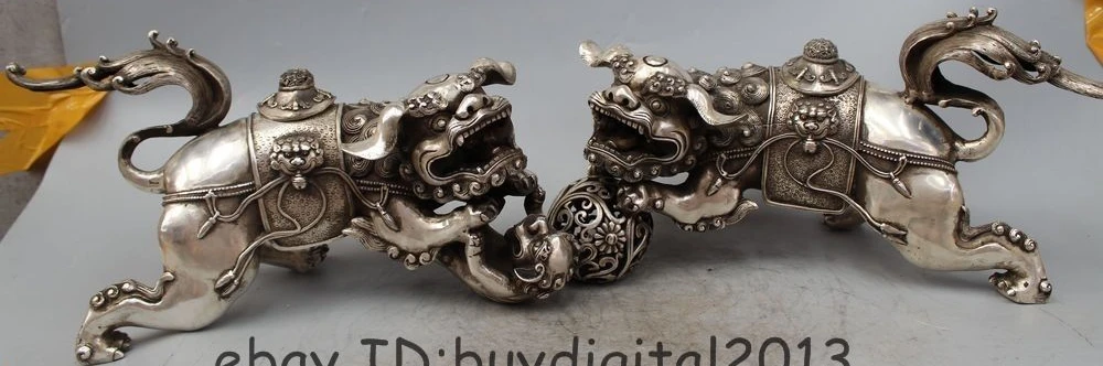 

17"Lucky Chinese House Feng Shui Silver Foo Fu Dog & Lion Beast WIth Ball Statue