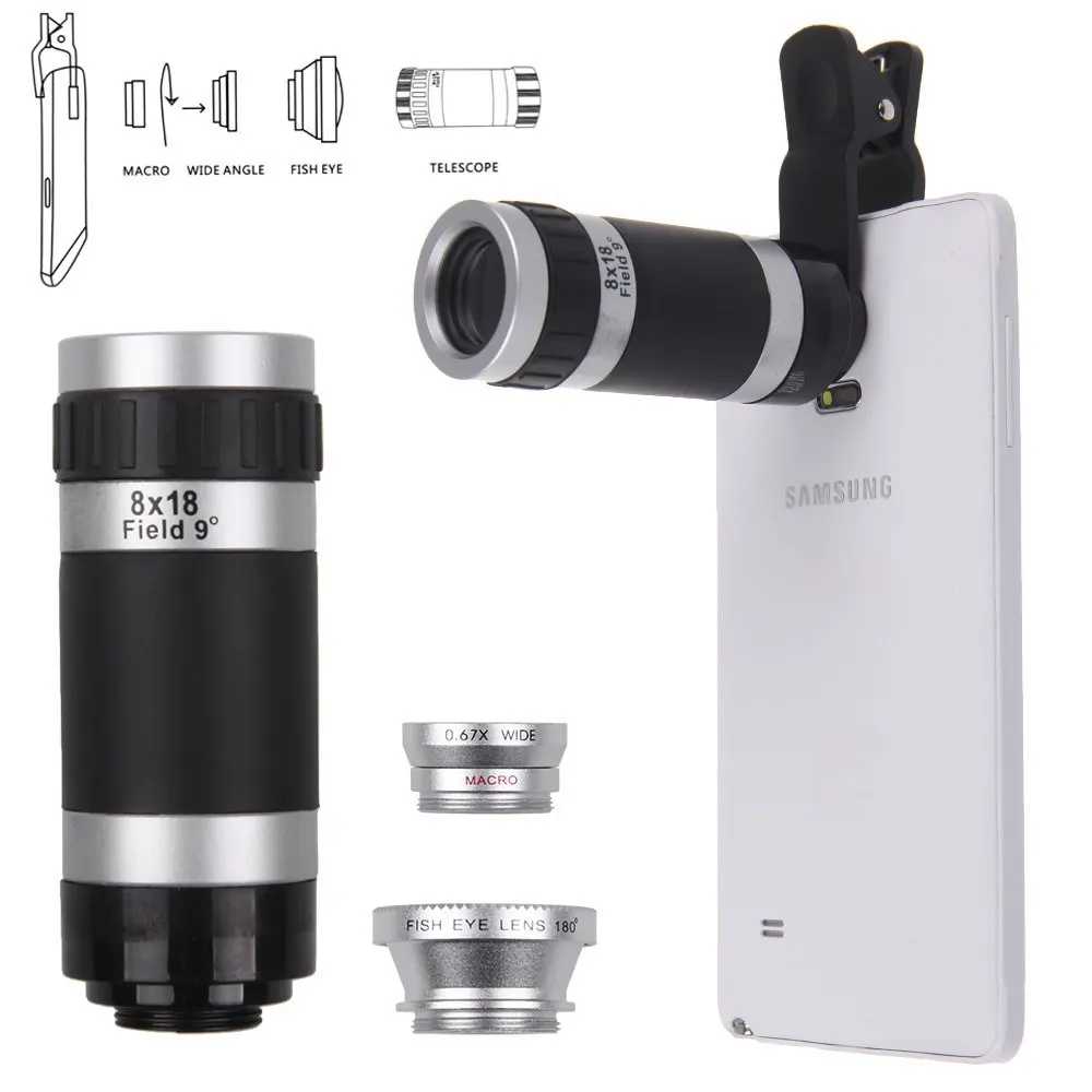 imágenes para 4en1 calidad de Ojo de Pescado + Gran Angular + Macro + 8x Teleobjetivo de La Cámara para el Teléfono Celular/Tablet lente 1-este imágenes para 4en1 calidad de Ojo de Pescado + Gran Angular + Macro + 8x Teleobjetivo de La Cámara para el Teléfono Celular/Tablet lente 1-este